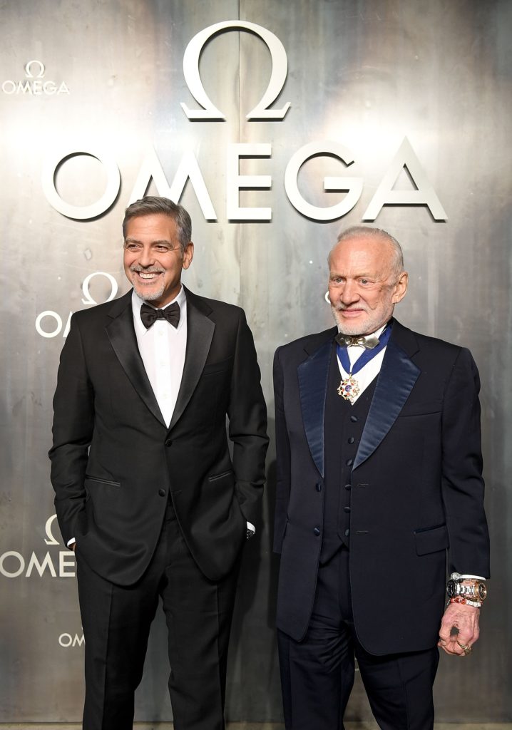 LONDON, ENGLAND - APRIL 26: George Clooney and Buzz Aldrin attend the OMEGA 'Lost In Space' dinner to celebrate the 60th anniversary of the OMEGA Speedmaster, which has been worn by every piloted NASA mission since 1965, at Tate Modern on April 26, 2017 in London, England. (Photo by Mike Marsland/Mike Marsland/Getty Images for OMEGA) *** Local Caption *** George Clooney; Buzz Aldrin